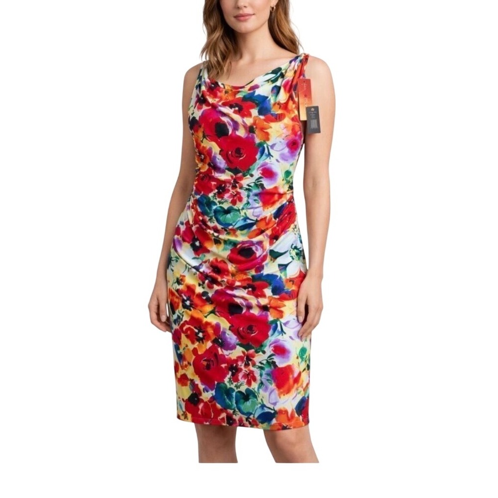 Lauren Ralph Lauren Floral Cowl Neck Ruched Sheath Dress Multi Color Women sz 4